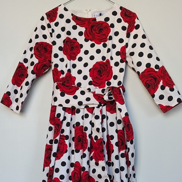 Dainty Jewells Floral Polka Dot Maxi Dress ¾ Sleeve Full Skirt Red Black White S - Picture 4 of 16
